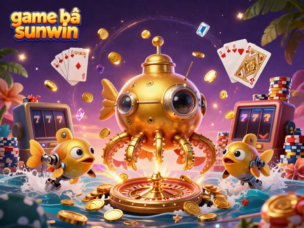 Experience the excitement of game bài sunwin with a colorful underwater casino scene featuring a golden kraken and mechanical fish.