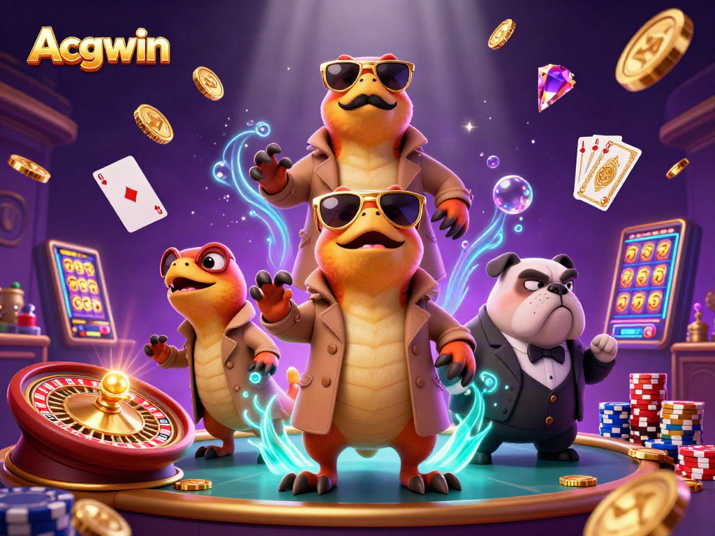 Acgwin features three raptors in a trench coat entering a VIP casino lounge amidst golden coins and jackpots.
