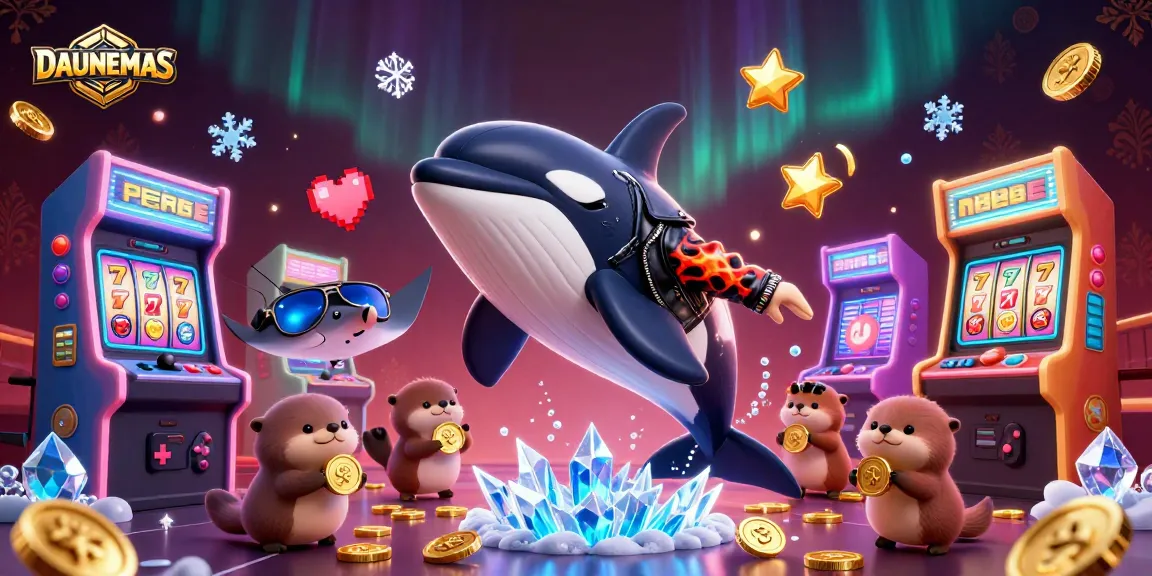 Experience the thrilling DAUNEMAS casino adventure with an orca biker and otters holding golden coins.