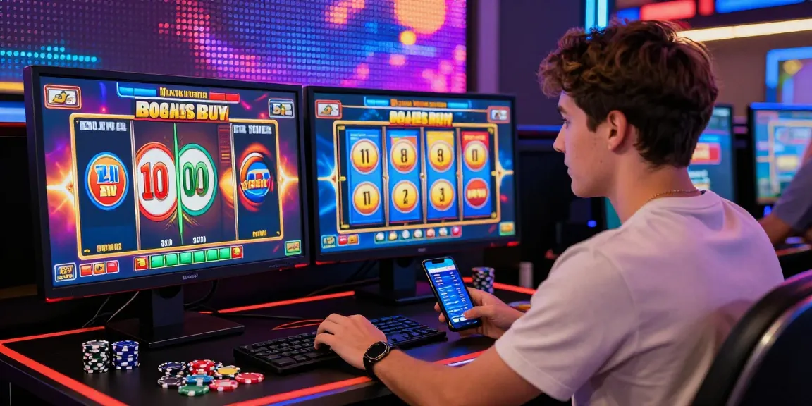 Player interacting with bonus buy slots on vibrant online casino interface, showcasing excitement and engagement.