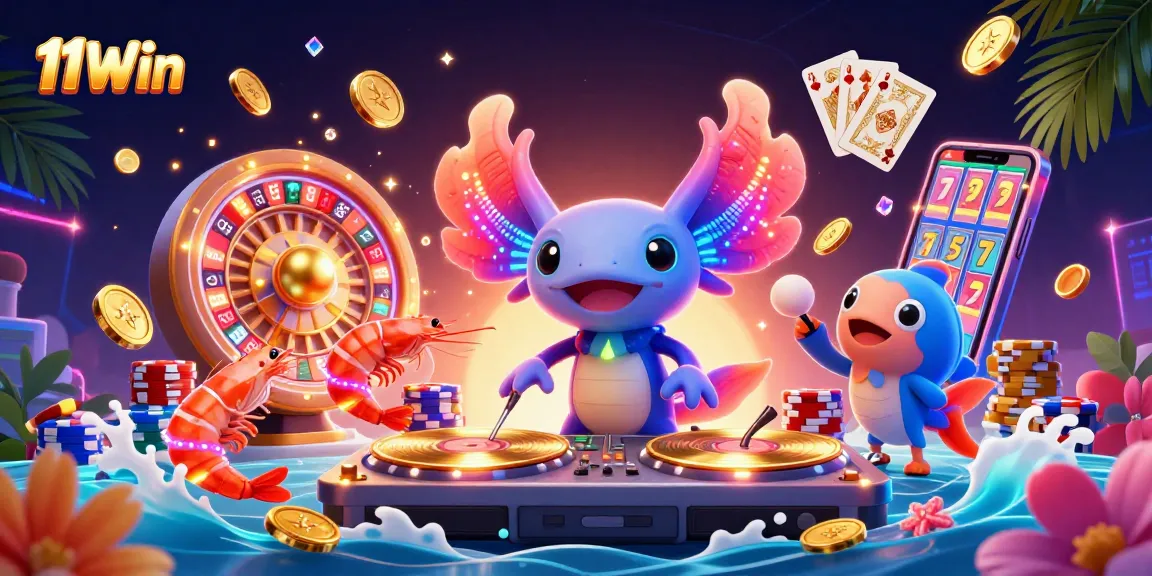 Experience 11Win's vibrant casino adventure with a lively axolotl DJ, golden coins, and spinning roulette.