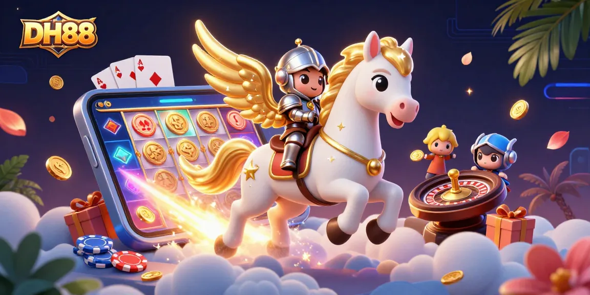 Engage in thrilling slot games at DH88 with a celestial knight and a magical horse amidst dynamic casino elements.