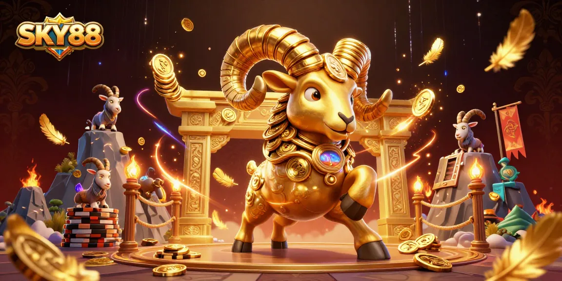 Experience thrilling action at SKY88 with a dynamic 3D illustration of a golden ram charging through a casino-themed arena.