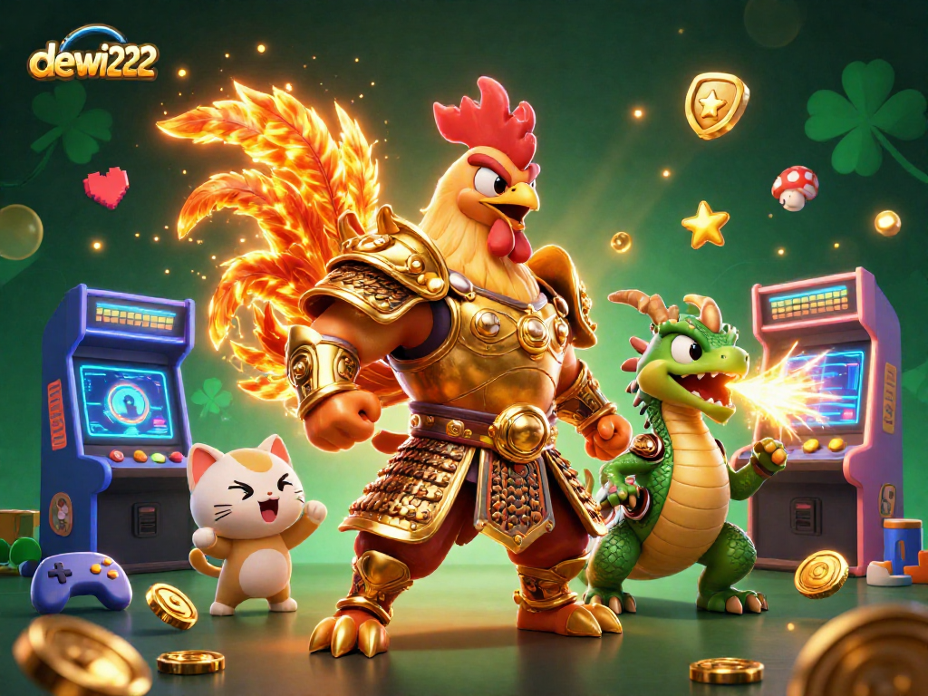 Memenangkan game online dewi222 dengan petarung ayam dan naga bersinar dalam ilustrasi 3D