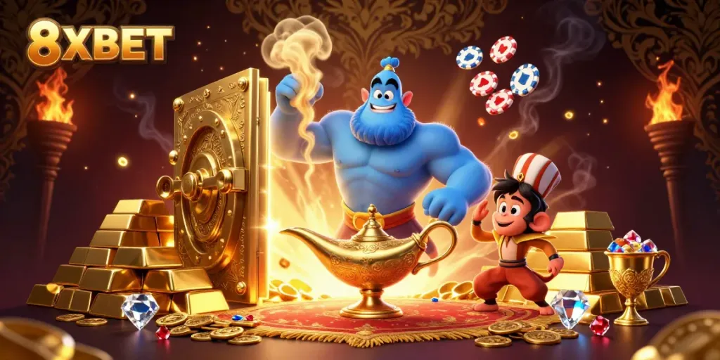 Engage with 8XBET's vibrant gaming atmosphere, featuring rich casino elements and a magical genie theme.