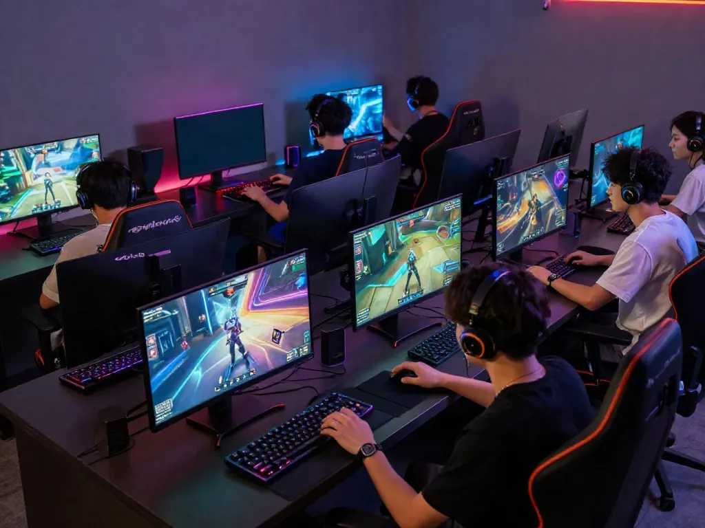 Exciting QQMacan gaming scene showcasing diverse players engaged in multiplayer gaming around high-tech setups.