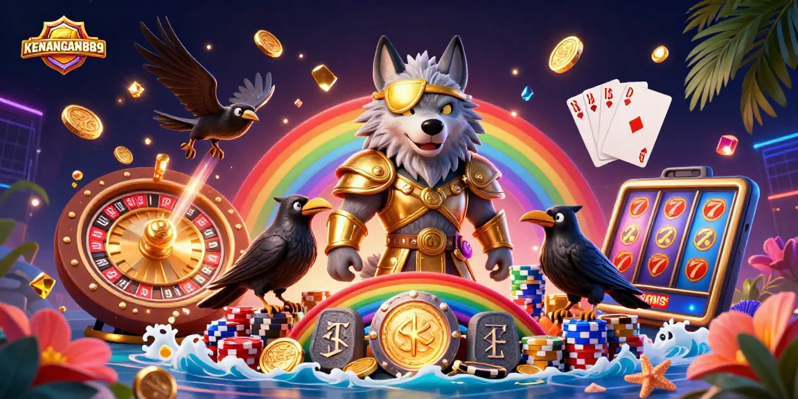 KENANGAN889 showcases Odin's wolf and ravens amidst a vibrant casino-themed 3D scene filled with gold coins and poker elements.