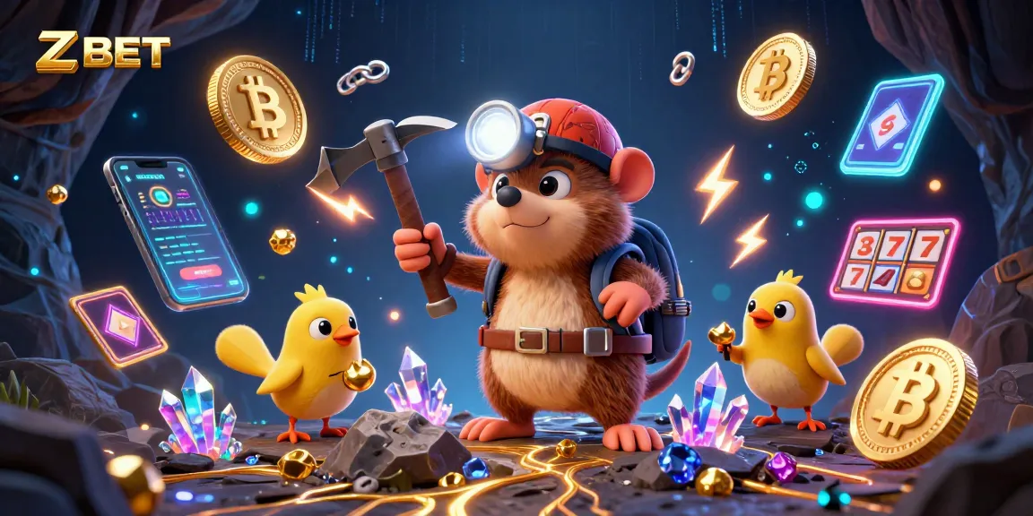 ZBET presents a thrilling mining adventure of a mole and canary uncovering treasures in a vibrant casino scene.