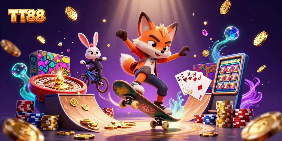 TT88 gaming scene featuring vibrant characters and casino elements, showcasing excitement and luck.