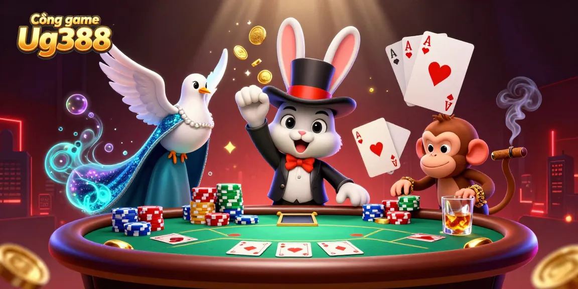 Cổng game Ug388 showcases a magical scene with a rabbit, dove, and monkey amidst casino elements like poker chips and cards.