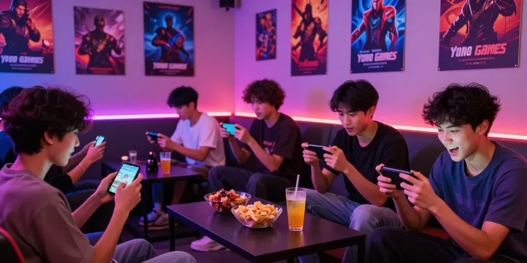 Social gaming scene with players enjoying yono games in a vibrant lounge.