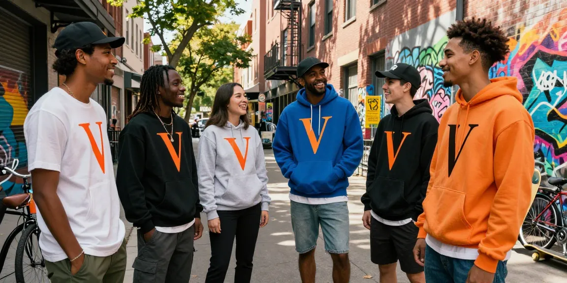 Friends wearing Vlone clothing, showcasing vibrant streetwear style in urban setting at vlone.co
