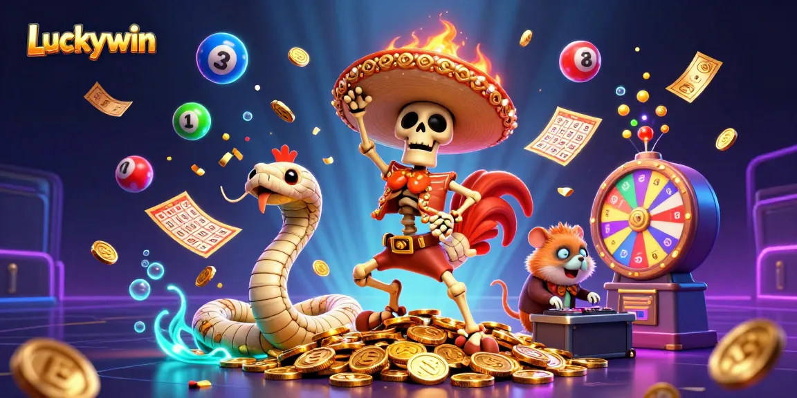 Engage in thrilling Luckywin activities with vibrant characters and lottery game elements celebrating wins!
