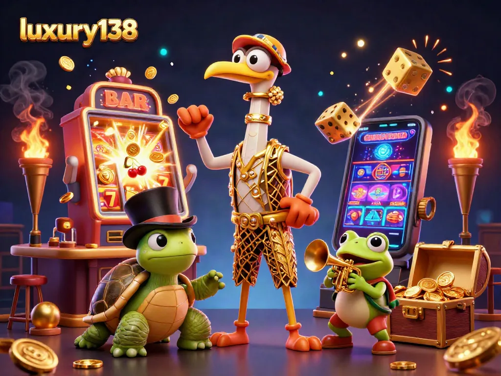 Experience luxury138's lively gaming scene with vibrant characters and exciting casino elements.