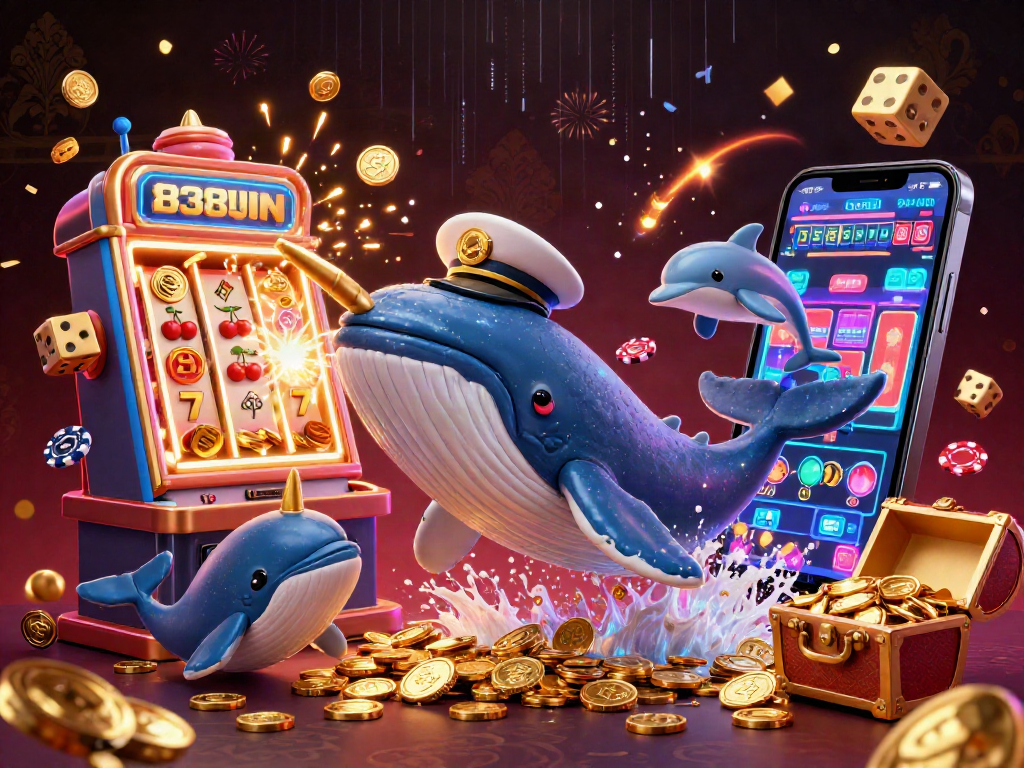 Experience thrilling casino fun with the 838WIN whale captain image surrounded by coins and poker chips.