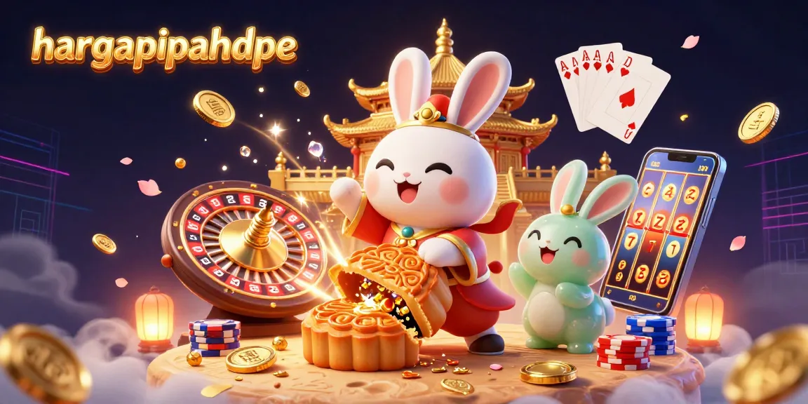 Engage with hargapipahdpe's casino magic, featuring lively moon rabbit action amid scattered poker chips and glimmering gems.