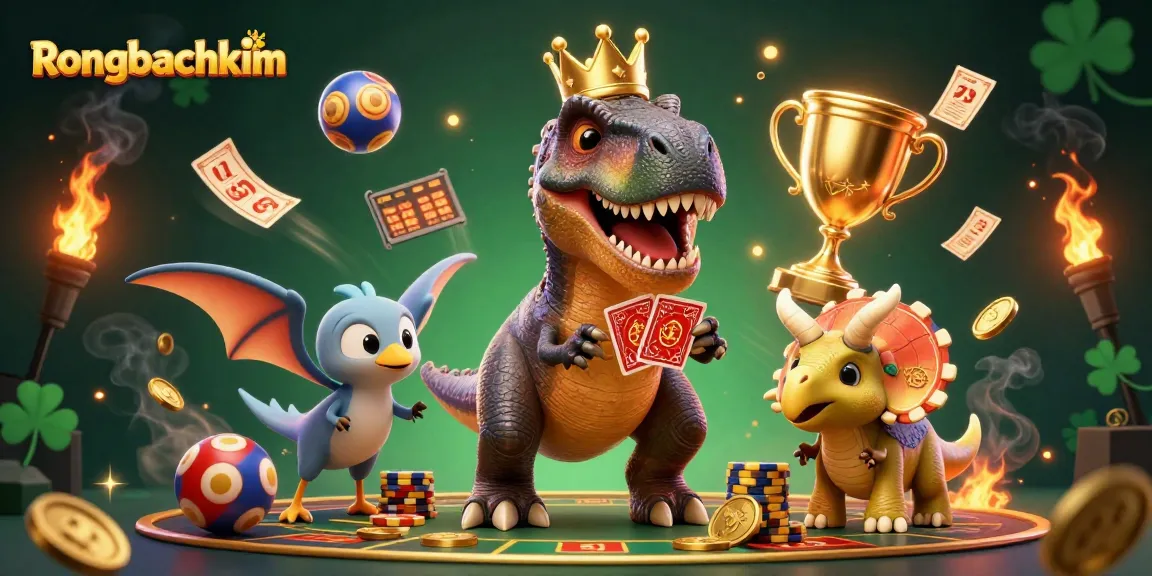 Engage in thrilling lottery action with Rongbachkim as a T-Rex shuffles cards and a triceratops stacks chips.