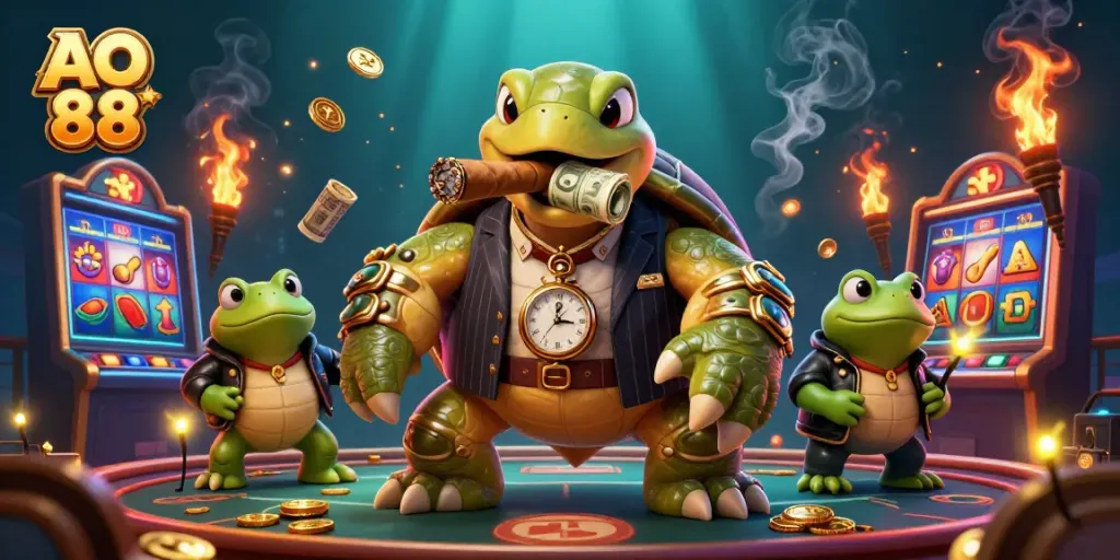 Experience the excitement of AO 88 with a charismatic snapping turtle and bullfrog enforcers surrounded by vibrant slots.