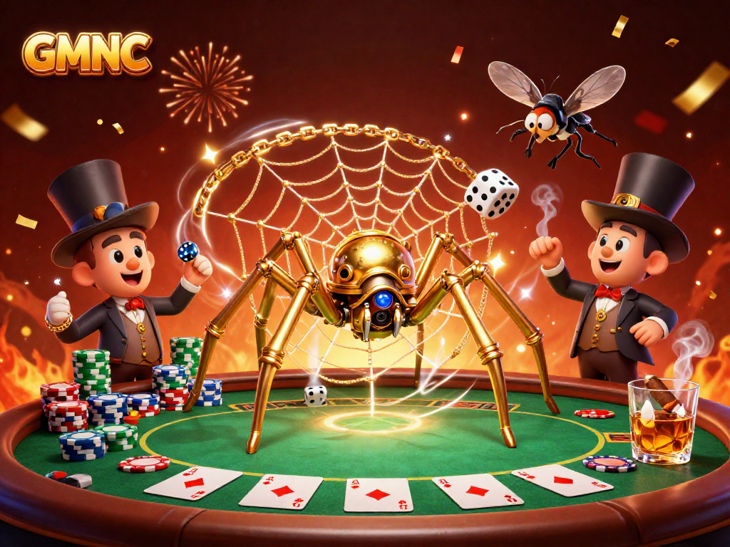 Witness GMNC's thrilling 3D scene with a steampunk spider, poker chips, and confetti.