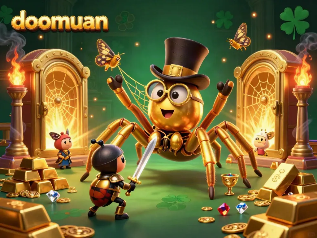 Experience the thrill of doomuan with a vibrant 3D casino scene showcasing a golden tarantula and brave beetle knight.