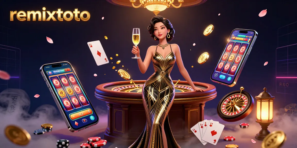 Experience remixtoto with vibrant slot games and luxurious gaming ambiance in this digital casino illustration.