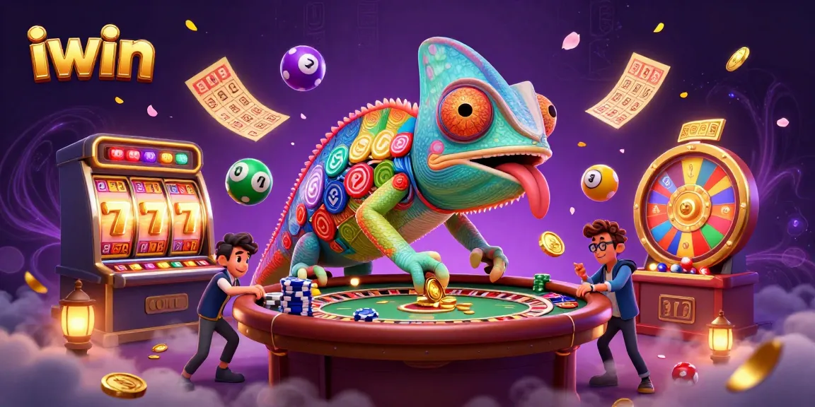 Experience vibrant iwin gaming action with a colorful chameleon casino owner amidst dynamic game elements.
