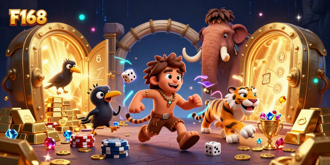 Win big at F168 with this cartoon casino scene depicting vibrant gaming action and dynamic characters.
