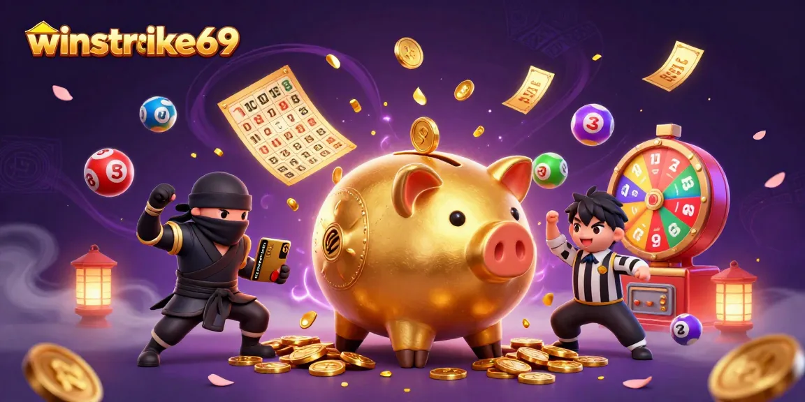 Winstrike69 showcases a lively casino scene with a sumo wrestler, ninja, and referee amidst colorful gaming elements.