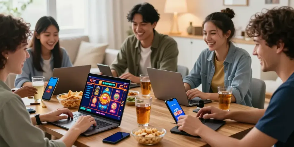 Excited players enjoying slot88 games in a cozy living room setting.