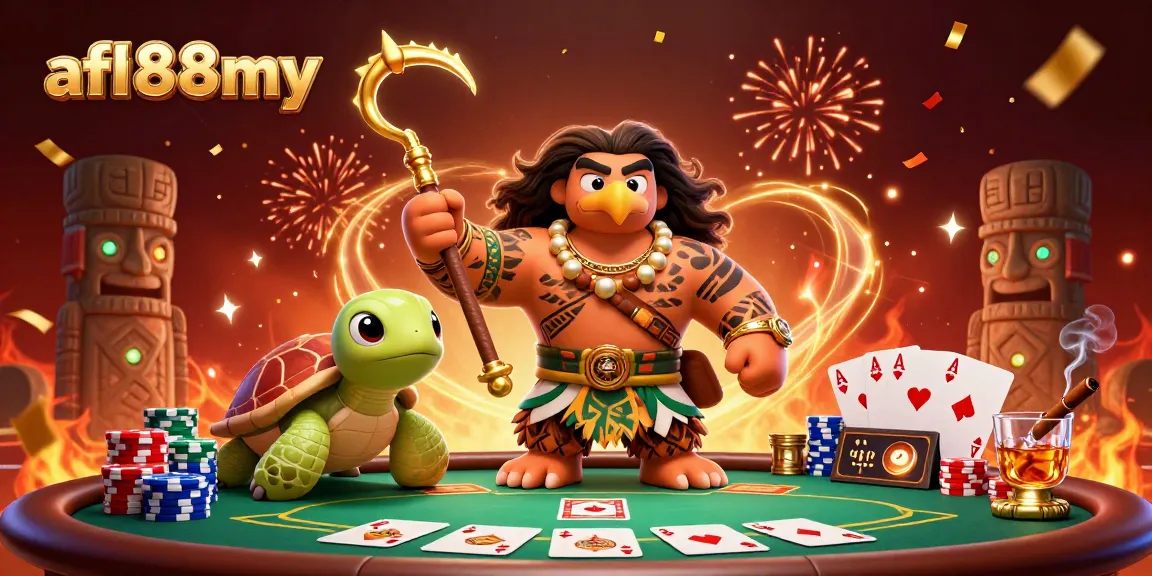 Play with afb88my's exciting poker elements, featuring a demigod and turtle in a vibrant casino scene.