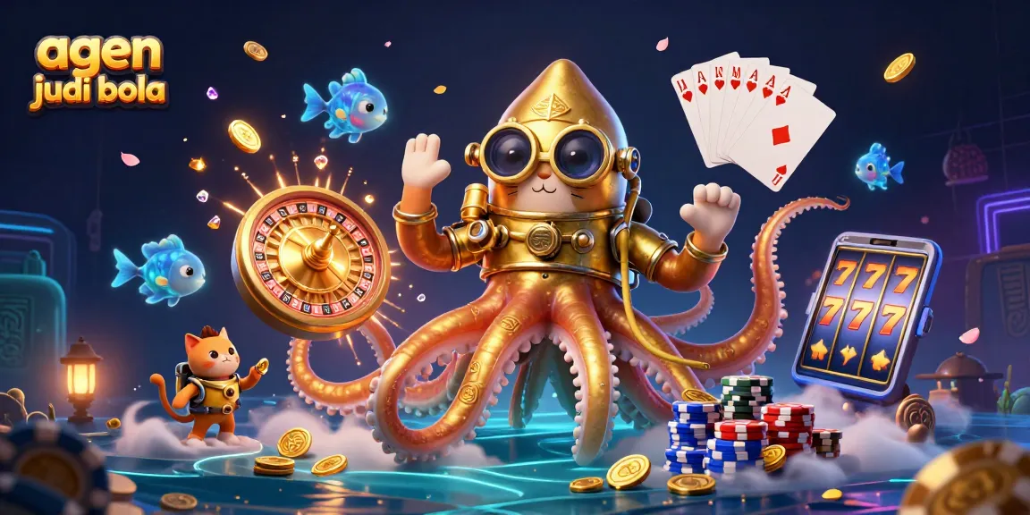 Engage with the thrilling agen judi bola experience amid gold coins, roulette, and vibrant casino elements.