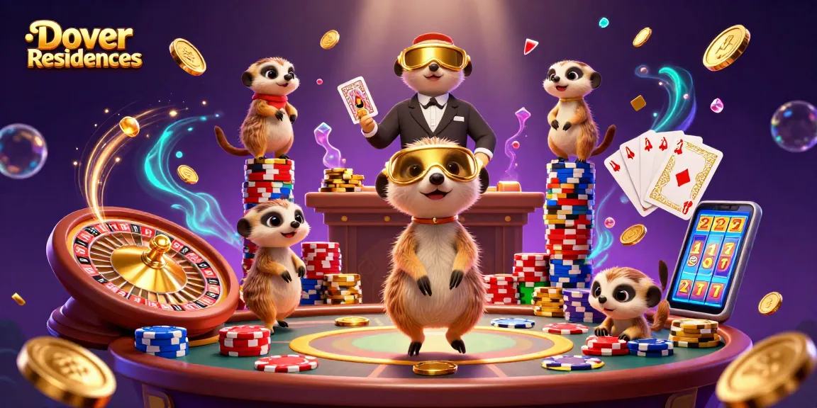 Dover Residences memperlihatkan koloni meerkat dalam operasi kasino elabora, dikelilingi koin emas dan permata berkilauan.
