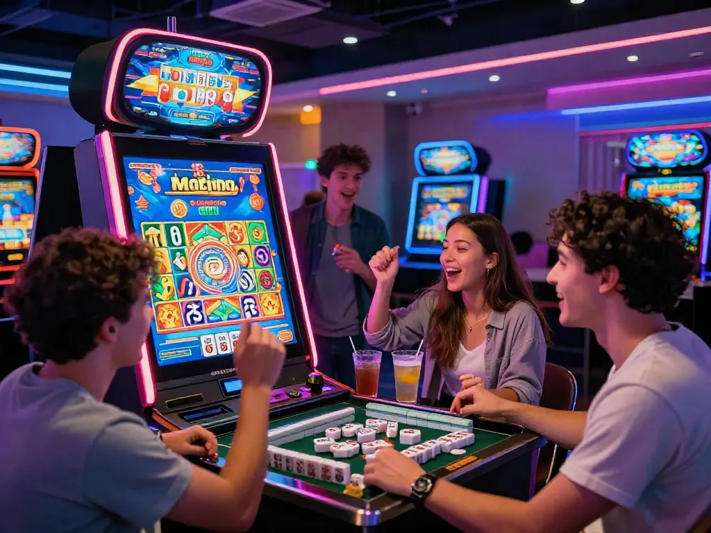 Permainan mesinmpo di ruang perjudian modern dengan grafik Mahjong yang cerah.