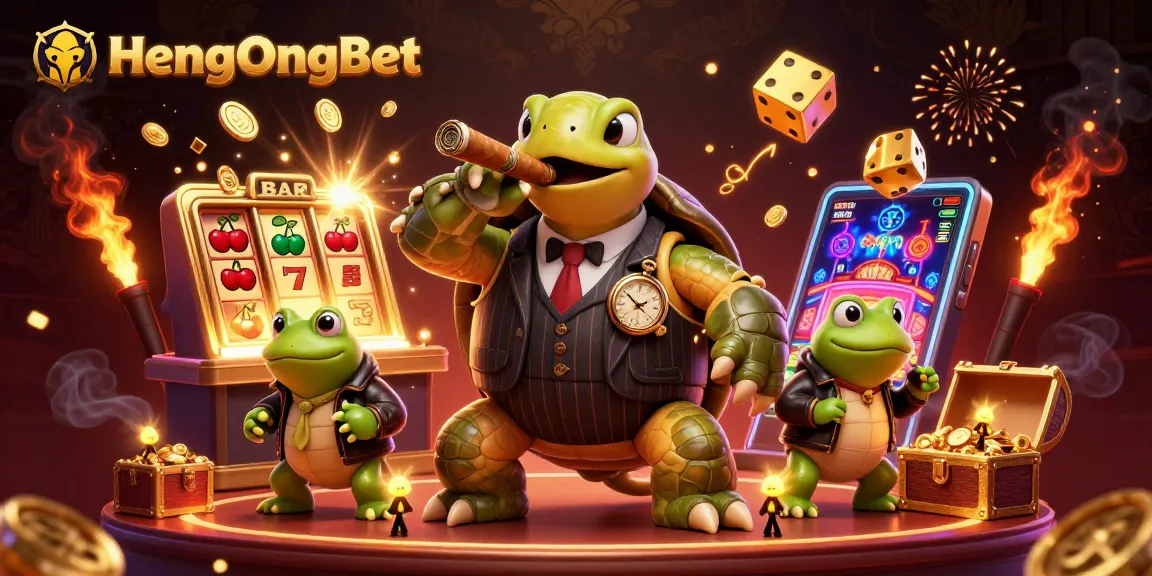Engage with HengOngBet's thrilling atmosphere featuring a massive snapping turtle and bullfrog enforcers in a vibrant casino scene.
