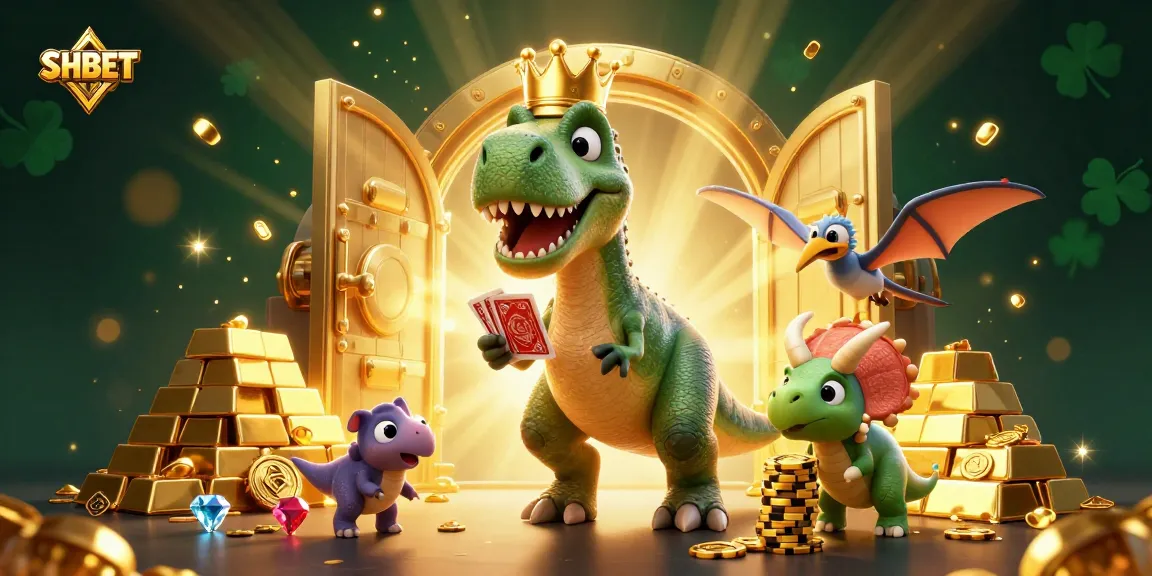 Experience thrilling gameplay at SHBET with cheerful dinosaurs enjoying card games and golden treasures!