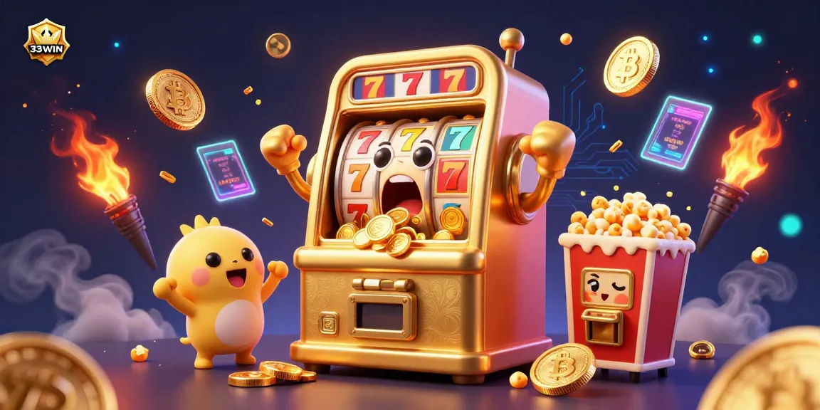 Experience thrilling wins with 33WIN's vibrant online casino scene featuring a golden slot machine hitting a jackpot.