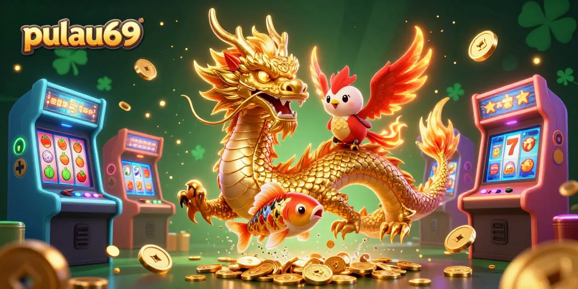 Experience pulau69's vibrant gaming scene with a golden dragon, flaming phoenix, and lucky koi fish.