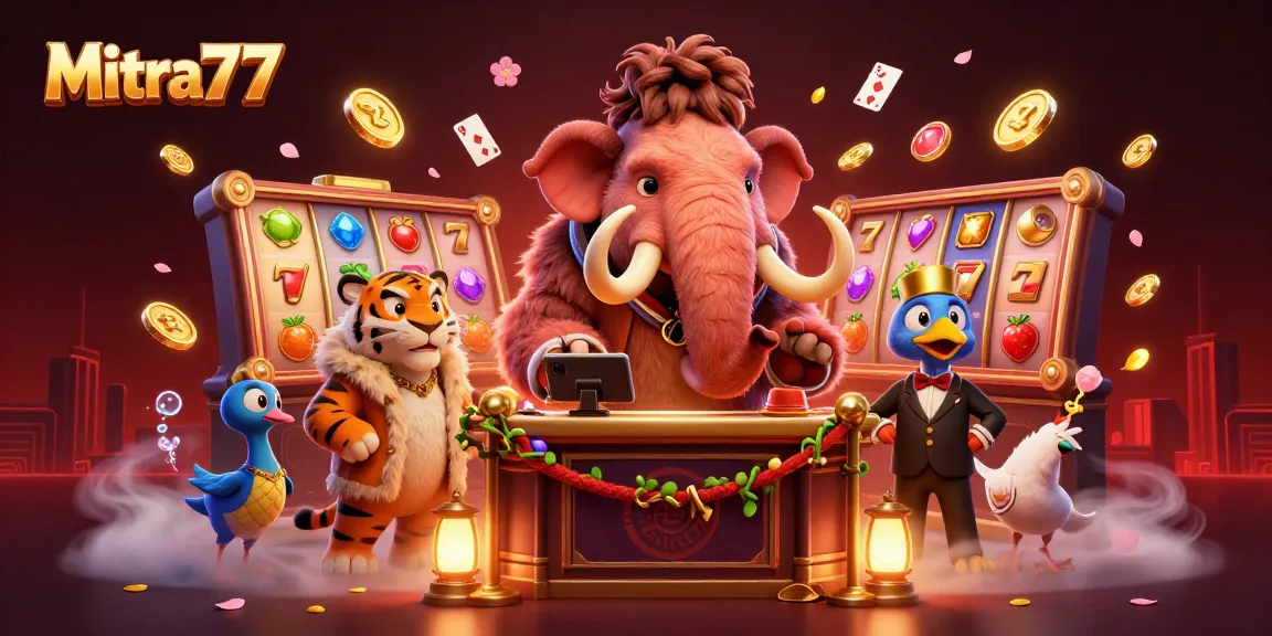 Mitra77 menampilkan bouncer mammoth kasino yang memeriksa ID, dikelilingi simbol slot dan koin emas.