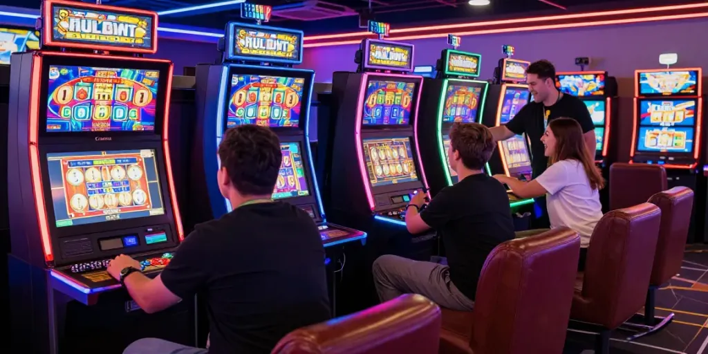 Exciting slot gaming lounge filled with players enjoying vibrant machines.