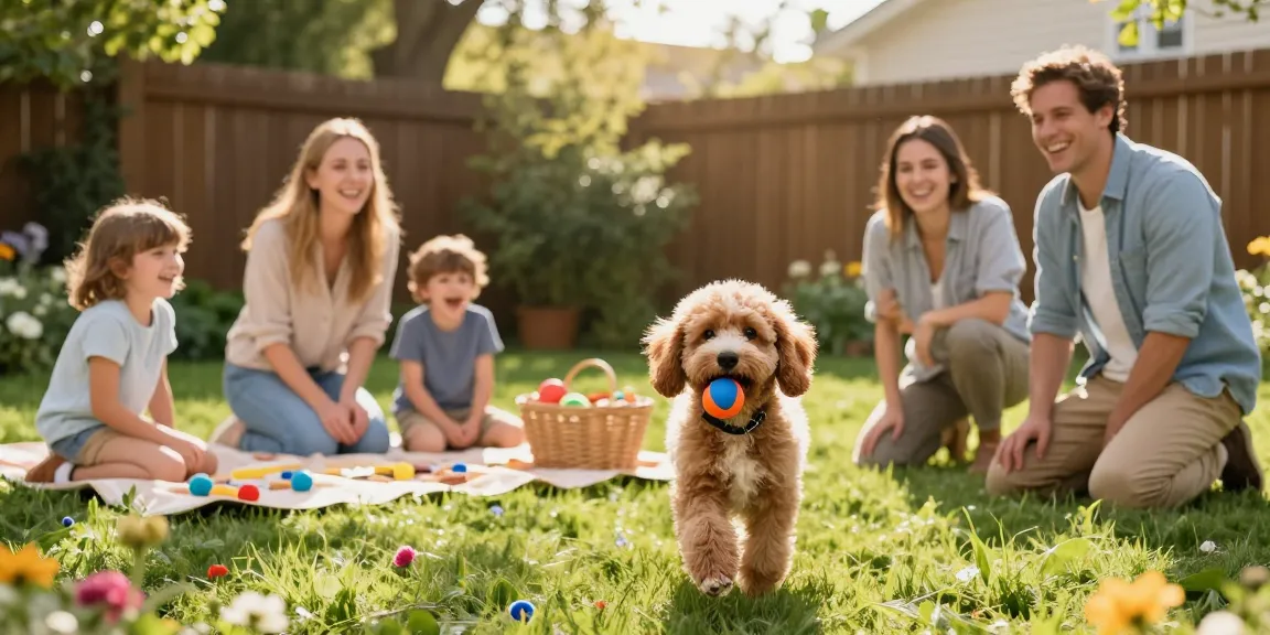 Cavapoo puppies Florida playing with a family in a sunny backyard, showcasing joyful interactions and engaging moments.