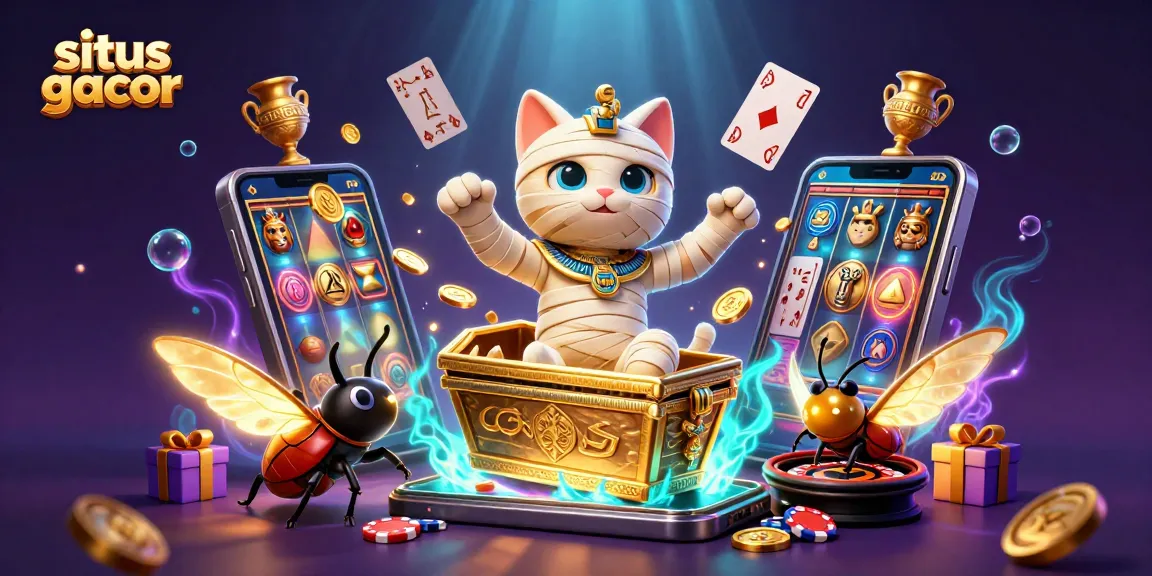 Experience exciting wins at situs gacor with an epic scene of a mummy cat and casino elements.
