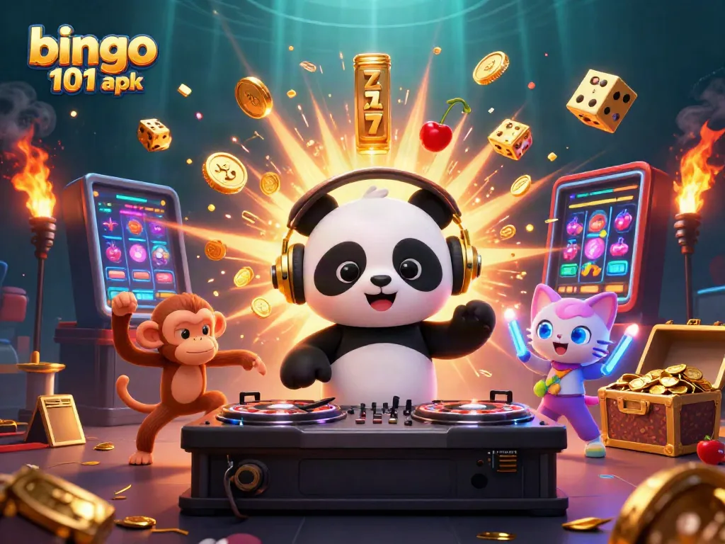 Gambarkan pengalaman bermain bingo 101 apk yang penuh warna dengan DJ panda dan permainan slot yang menarik.
