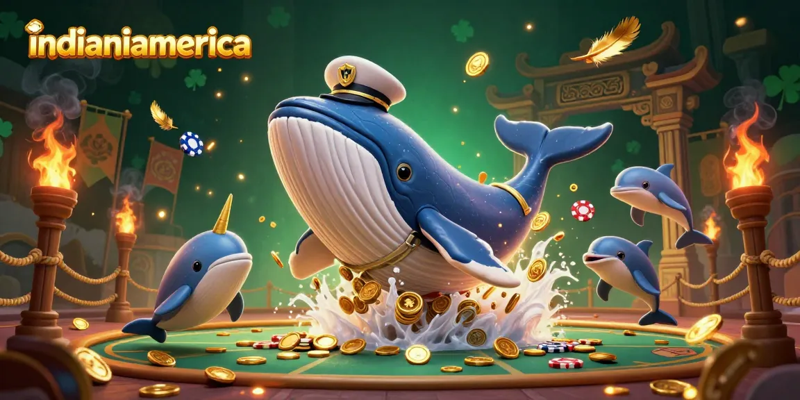Join the excitement at indianiamerica as playful dolphins and a majestic whale celebrate wins among golden treasures.