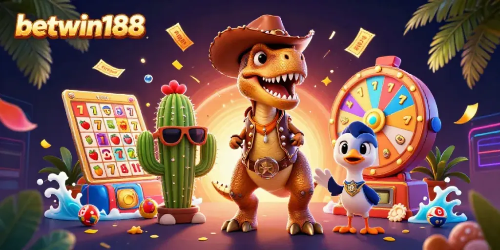 Menghadirkan betwin188 dalam suasana game yang seru dengan dinosaurus, kaktus, dan roadrunner di kasino.