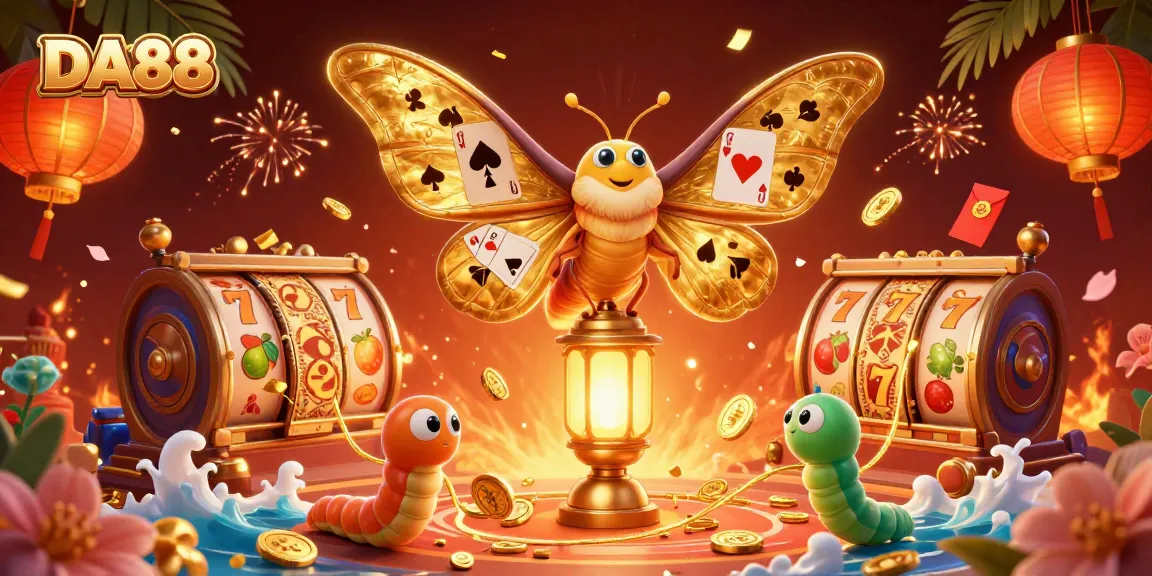 Experience the vibrant DA88 casino scene with animated slot reels and decorative motifs.