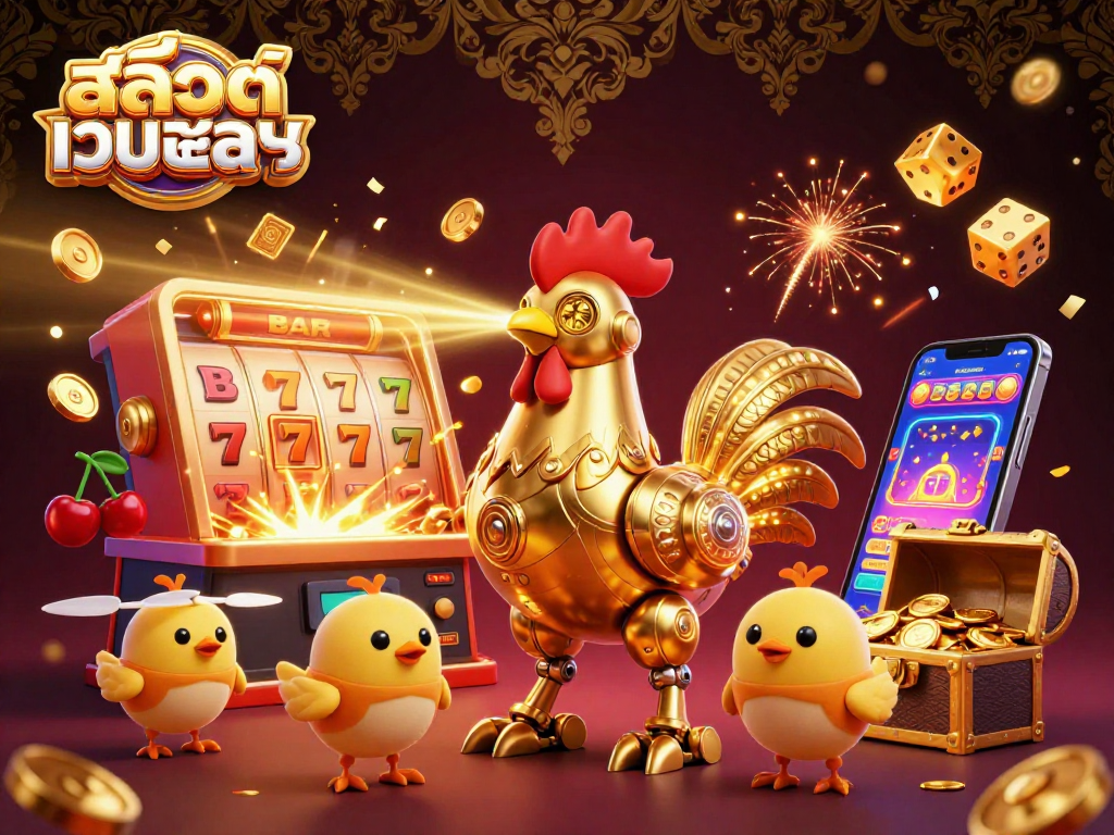 Experience the excitement of สล็อตเว็บตรง with a vibrant 3D scene featuring a golden rooster robot and baby chick drones amidst a jackpot explosion.