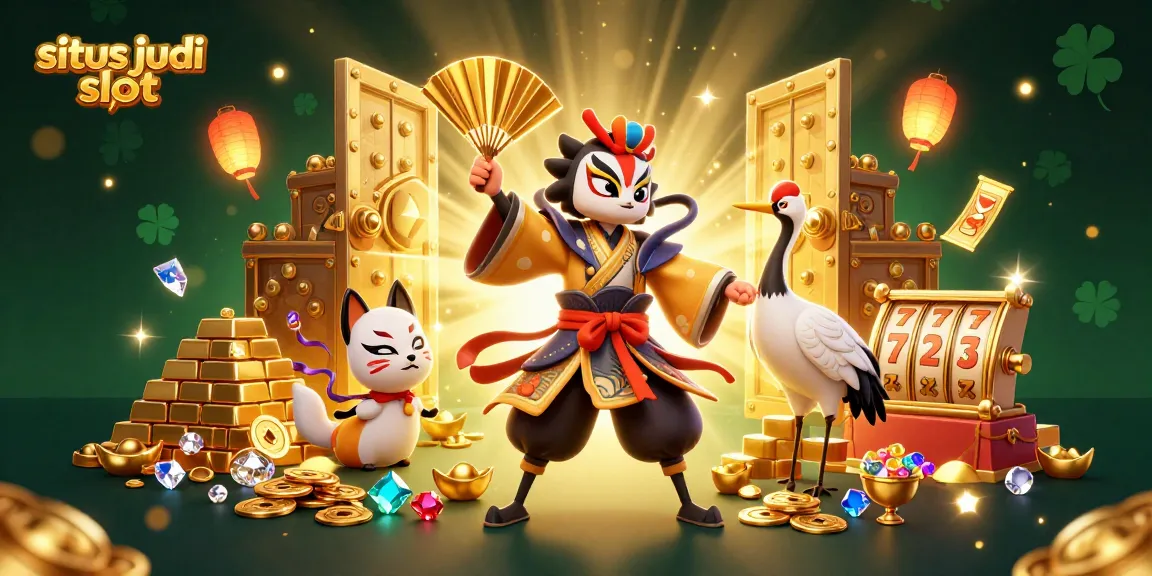 Visualisasi situs judi slot dengan karakter unik dan elemen permainan yang memikat, menciptakan suasana kasino yang menarik.