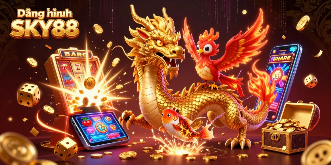 Experience Đăng nhập SKY88 with exciting games and golden winnings showcased in a vibrant casino scene.