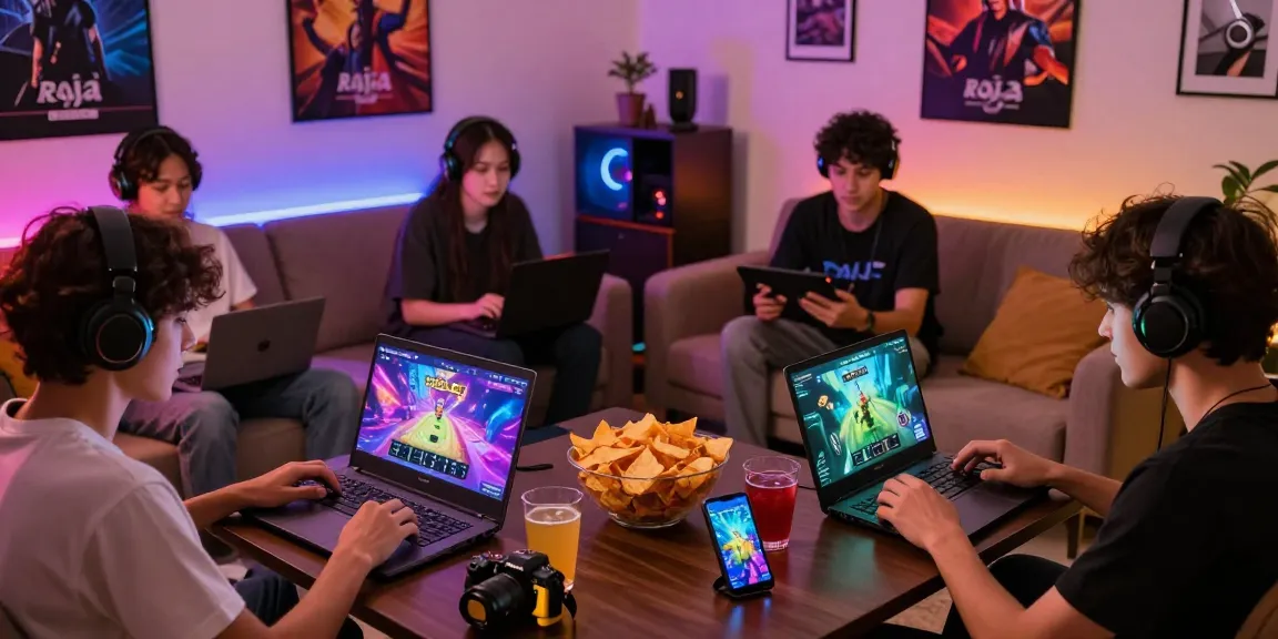 Enthusiastic players engaging in Raja Game login on multiple devices in a cozy gaming setup.
