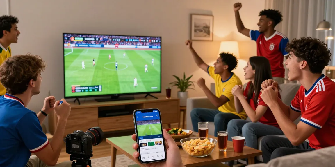 Fans cheering during a live football match streaming on ihdsports.com with snacks and drinks.